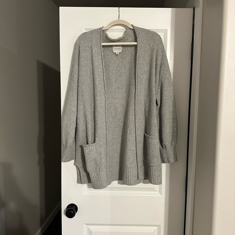Pink Rose Open-Front Light Gray Cardigan Sweater